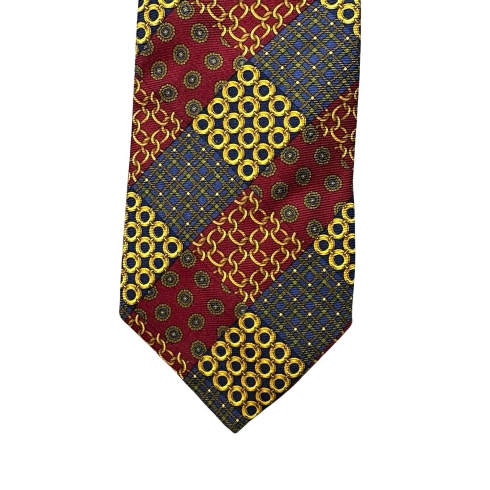 Sulka France Silk Tie Burgundy Red Gold Yellow Blue Geometric Chain Patchwork